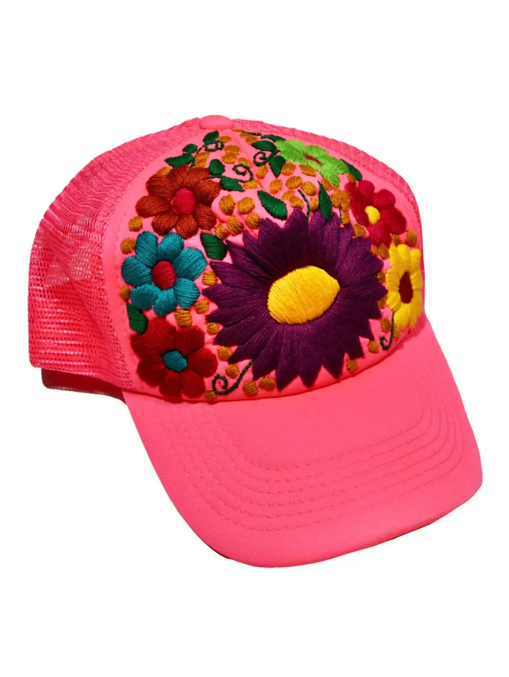 Vintage Hand Sewn Flower Thread Embroider Pink Trucker Snapback Hat Cap